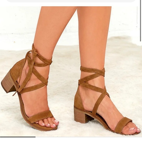 Steve Madden Rizzaa Cognac Suede Leather Heeled Sandals ankle straps Sz 6.5 - Picture 2 of 13